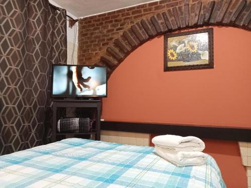 a bedroom with a bed and a tv at Hotel Posada El Gran Cipres in San Cristóbal de Las Casas