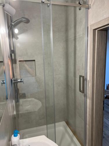 a glass shower in a bathroom with a toilet at Andrzejówka in Cieplice
