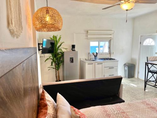 a living room with a couch and a kitchen at Casa Estrella Azul in San José del Cabo