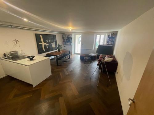 un grand salon avec une table et un canapé dans l'établissement Appartement centre-ville d'Evian les Bains, à Évian-les-Bains