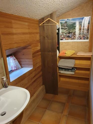 La salle de bains est pourvue d'un lavabo, d'une douche et de toilettes. dans l'établissement Chambre d’hôtes de Vauguenige, à Saint-Pardoux