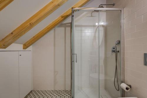 ein Bad mit einer Dusche mit einer Duschkabine aus Glas in der Unterkunft Cais das Pedras Duplex by Cozy Stay in Porto