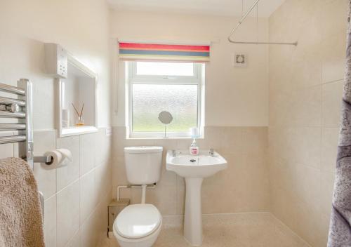 a bathroom with a toilet and a sink and a window at Cornfield Bungalow in Haddiscoe