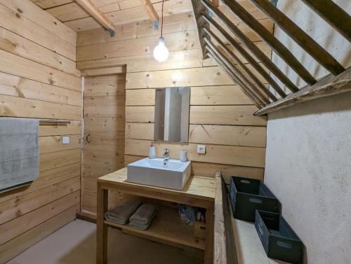 baño con lavabo en una cabaña de madera en Logement - Studio indépendant à Pérouges en Pérouges