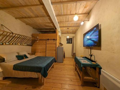 Un dormitorio con una cama y un televisor de pantalla plana. en Logement - Studio indépendant à Pérouges, en Pérouges