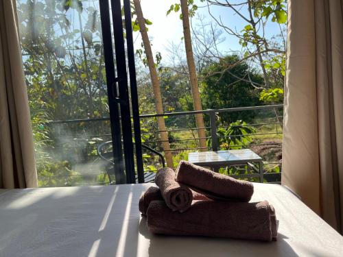 uma toalha sentada numa cama em frente a uma janela em La Jungla em Carrillo