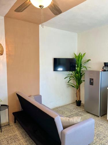 a living room with a couch and a tv on a wall at Casa Estrella Azul in San José del Cabo