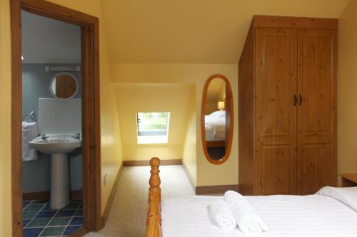 a bedroom with a bed and a sink and a mirror at Leitrim Quay - Riverside Cottage 3 in Leitrim