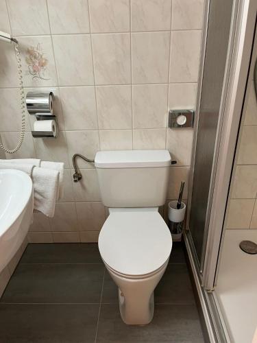 a bathroom with a toilet and a sink at City Hotel Post 22 in Braunau am Inn
