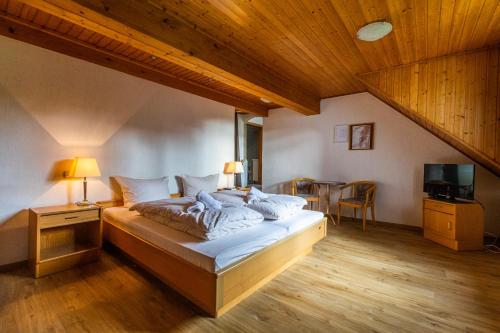 a bedroom with a bed and a table with a television at Haus Koinonia 