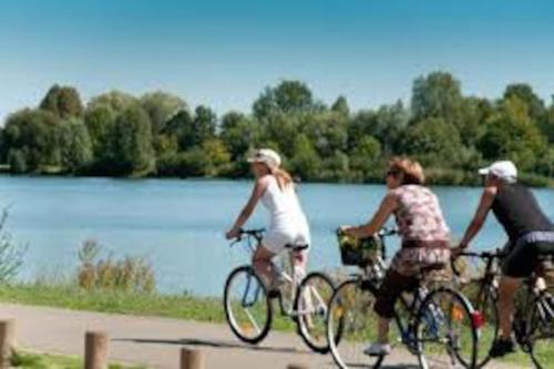 un grupo de personas montando en bicicleta por un lago en Chalet d'une chambre avec piscine partagee terrasse et wifi a Clermont Creans, en La Flèche
