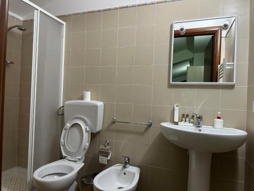 a bathroom with a toilet and a sink and a mirror at Agriturismo Serra Moneta in Santo Stefano Quisquina