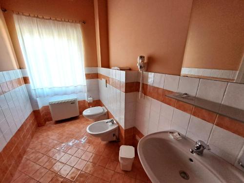 a bathroom with a sink and a toilet at Agriturismo Colle delle Stelle in Mergo