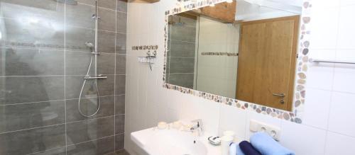 a bathroom with a shower and a sink and a mirror at Appartement De Luxe - 140m² in Elbigenalp