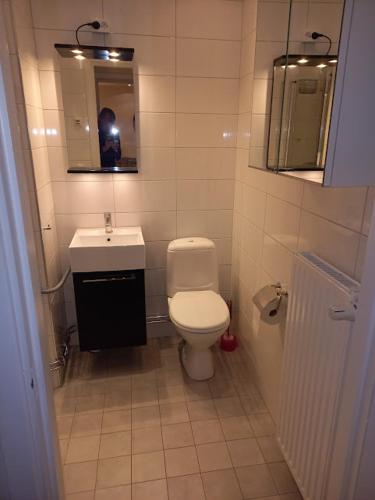 a bathroom with a toilet and a sink and a mirror at Floravägen 11 in Lidingö