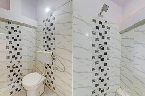- deux photos d'une salle de bains avec toilettes dans l'établissement millenium homestay, à Varanasi