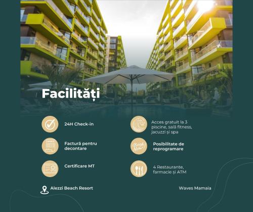 um panfleto para um edifício de apartamentos com piscina em Waves 54 em Mamaia Nord – Năvodari
