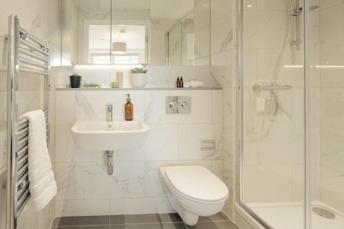 ein Bad mit einem WC, einem Waschbecken und einer Dusche in der Unterkunft Luxury Apartment Cherrywood Dublin 18 in Dublin