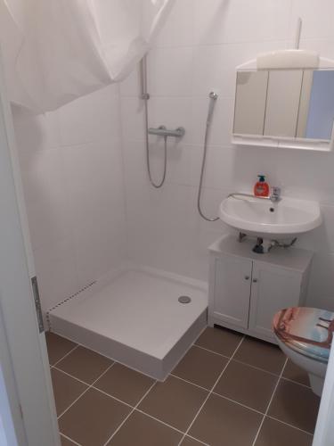 a white bathroom with a sink and a toilet at Fachwerk-Appartement mit Charme in Bad Sooden-Allendorf