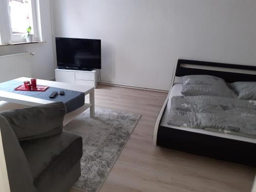 sala de estar con cama, sofá y TV en Fachwerk-Appartement mit Charme, en Bad Sooden-Allendorf