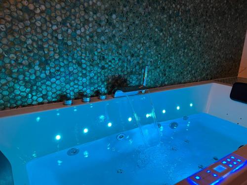 une baignoire bleue avec un mur en pierre dans l'établissement Lyon Premium - LuxeZen SPA, à Villeurbanne