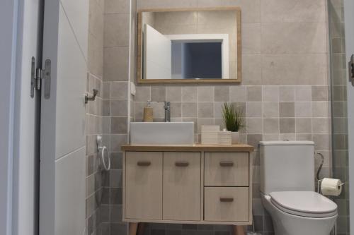a bathroom with a toilet and a sink and a mirror at CAPILLITA XXI APARTAMENTOS in Sanlúcar de Barrameda