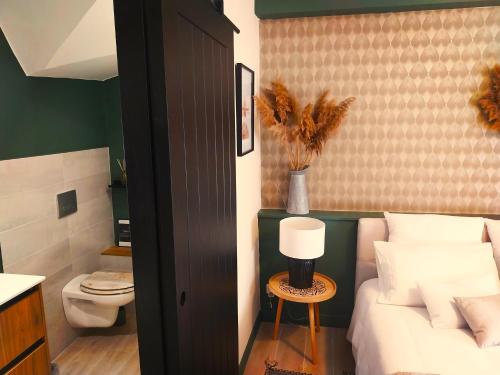 a bedroom with a bed and a bathroom with a toilet at La maison de Mona in Carcassonne