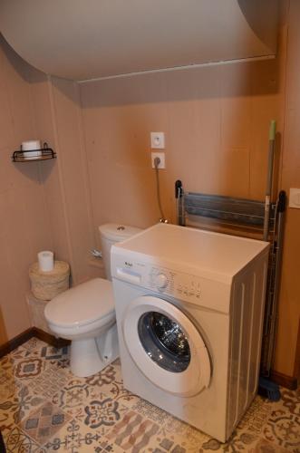 uma casa de banho com uma máquina de lavar roupa e um WC em Gite "La belle échappée" à 5 minutes du lac em Clairvaux-les-Lacs