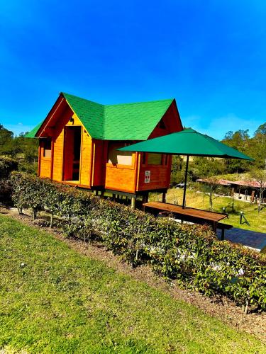 une petite maison avec un toit vert sur un champ dans l'établissement Cabaña de ensueño: 9 min centro, à Chiquinquirá