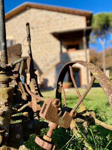 a padlock sitting on the grass in front of a building at Casale del Passatore sas in Rocchette