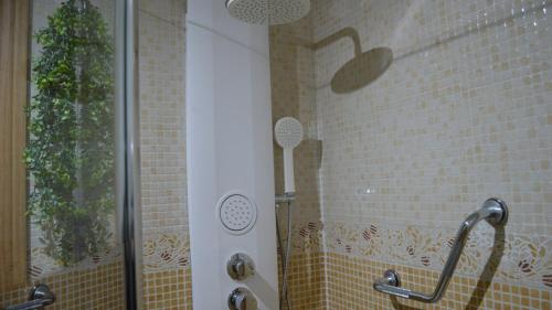 y baño con ducha y puerta de cristal. en Mahonia Palacio Congresos Parking Concertado en Granada