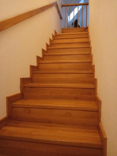 a stairway with wooden stairs in a house at Retro Hotel Villa Ostrava in Ostrava