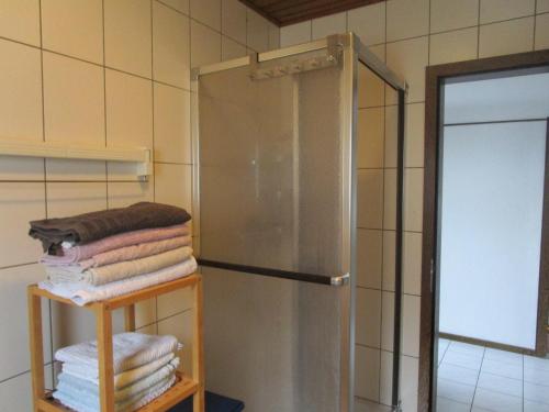 ein Bad mit einer Dusche und einem Stapel Handtücher in der Unterkunft Ferienwohnung Nr. 2 in Saarbrücken