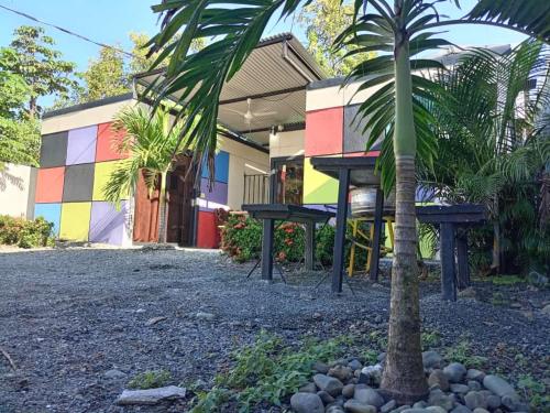 a palm tree in front of a colorful building at Cabinas Rubik 1 in Savegre