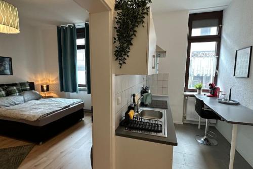 a small apartment with a kitchen and a bedroom at Limburgs Herzstück in Limburg an der Lahn