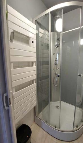 La salle de bains est pourvue d'une cabine de douche en verre. dans l'établissement Entre Ciel et Quai Duplex avec vue, à Dieppe