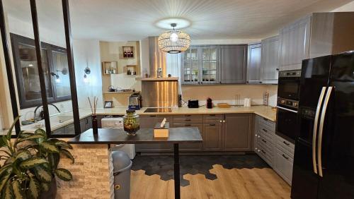 Il comprend une cuisine équipée d'une table et d'un réfrigérateur noir. dans l'établissement Maison des voyageurs Azur - PARIS ORLY, à Choisy-le-Roi