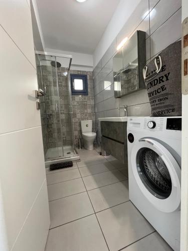 a bathroom with a washing machine and a toilet at Aegean Mirror, Andros in Apróvaton