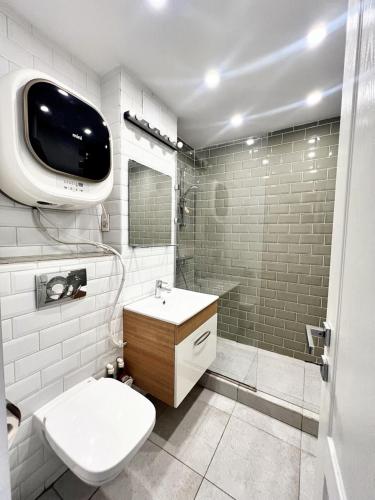 een badkamer met een toilet en een televisie aan de muur bij Green Studio in Boekarest