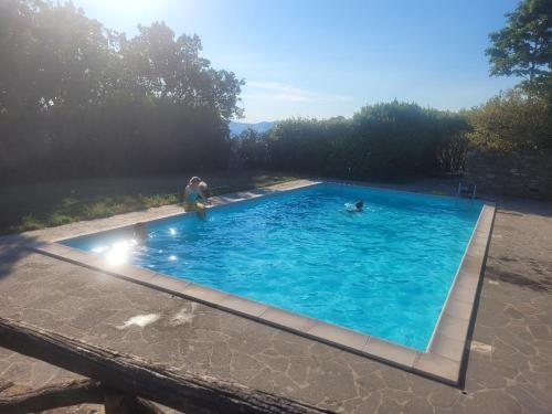 duas pessoas estão a brincar numa piscina em Agriturismo Merlino - Natur pur em Pergola