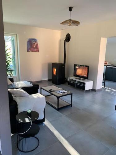 un salon avec un canapé et une télévision dans l'établissement Maison au bord de rivière, à Gissey-sur-Ouche