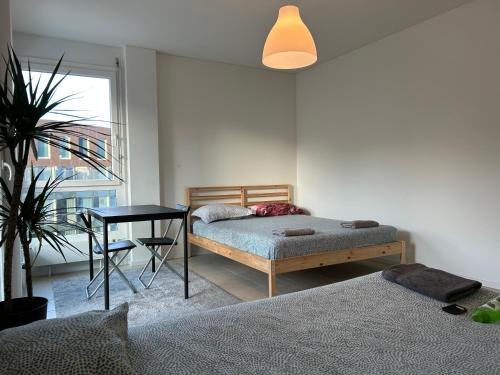 - une chambre avec un lit, une table et une fenêtre dans l'établissement SHINE Apartment View Lugano Paradise Parking Free, à Paradiso