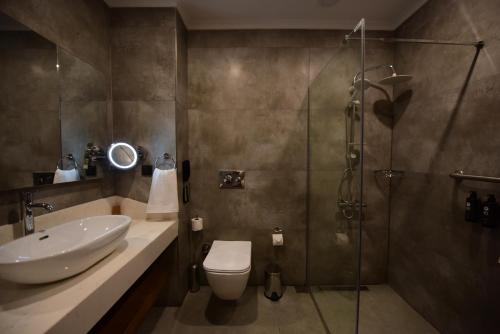 a bathroom with a shower and a toilet and a sink at Ramada by Wyndham Karacabey in Bursa