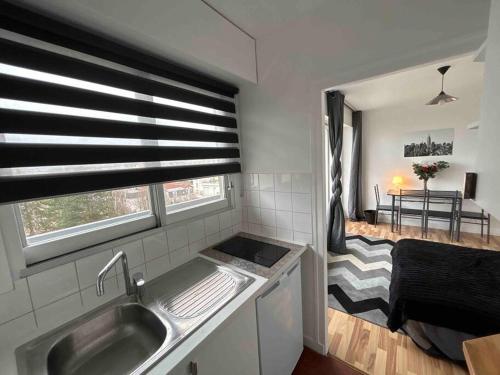 uma pequena cozinha com um lavatório e uma janela em Studio avec Balcon, belle vue em Courbevoie