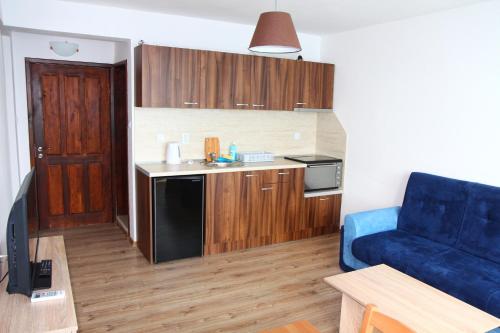 ein Wohnzimmer mit einer blauen Couch und eine Küche in der Unterkunft Villa Elmar in Kiten