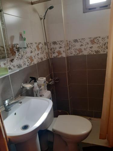uma casa de banho com um lavatório, um WC e um chuveiro em Charmant appartement à louer à meknès em Meknès