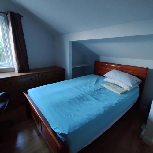 a bedroom with a bed with blue sheets and a window at Angel's home in Dublin