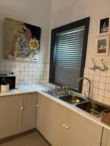 a kitchen with a sink and a window at Hoekhuis in De Rust