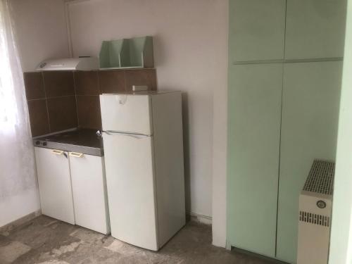 een kleine keuken met een witte koelkast in een kamer bij Barreira Beachfront Rooms 3 in Kalamata