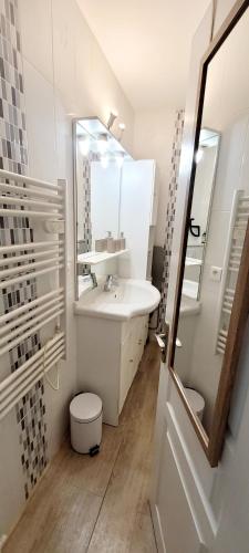une salle de bain blanche avec un lavabo et un miroir dans l'établissement Studio face à la Méditerranée, à Cagnes-sur-Mer